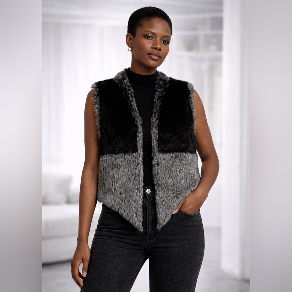 C&C’s Grey 2-toned Faux Fur Cropped Open Front Vest